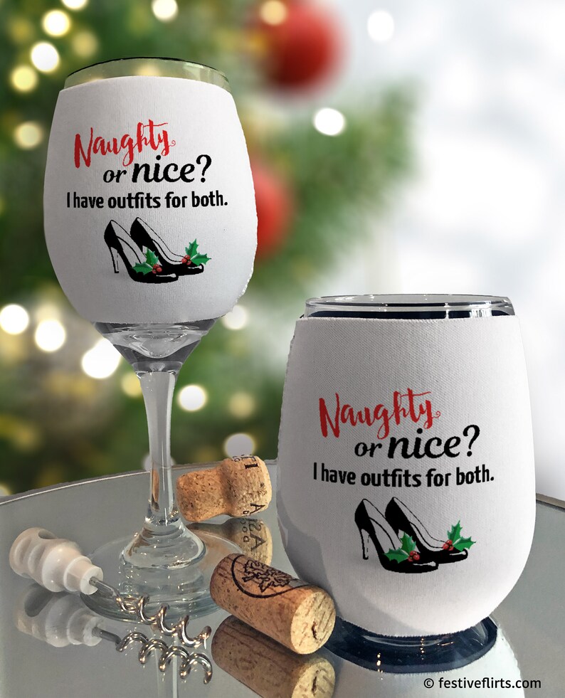 Naughty Christmas Wine Glass Sleeve Wraps, Insulated Drink Holder, Neoprene Beverage Coolie, Holiday Drinks, Festive Funny Wine Huggers Naughty or Nice?