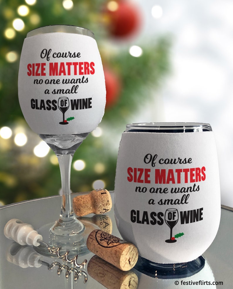 Naughty Christmas Wine Glass Sleeve Wraps, Insulated Drink Holder, Neoprene Beverage Coolie, Holiday Drinks, Festive Funny Wine Huggers Size Matters