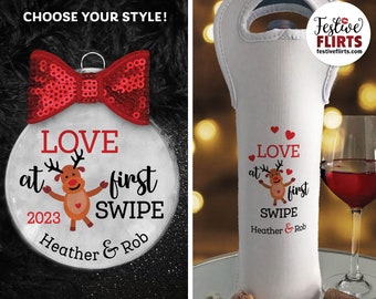 Love at First Swipe Personalized Christmas Ornament or Wine Bottle Bag Dating Gift for Boyfriend or Girlfriend, Online Dating Apps Swipe