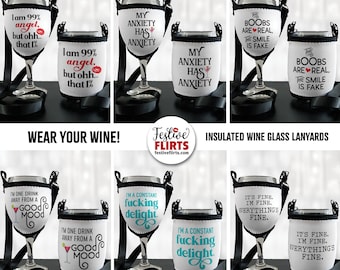 Wine Glass Holder Necklace, Insulated Wine Sleeve w/ Straps, Hands-Free Festival Lanyard, Funny Sarcastic Sayings, Gift for Wine Lovers