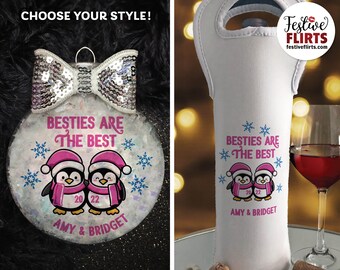 Personalized Best Friends Christmas Ornament or Insulated Wine Bag, Cute Friendship Gift, Girlfriends, Penguin Besties are the Best
