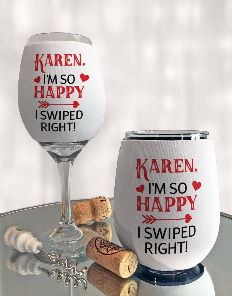 Personalized Happy I Swiped Right Valentine's Day Wine Bottle Bag or Wine Glass Sleeve, Boyfriend Girlfriend Name, Online Dating, Bumble image 3