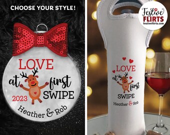 Personalized Love at First Swipe Christmas Ornament or Wine Bottle Bag Dating Gift for Boyfriend or Girlfriend, Online Dating Apps Swipe