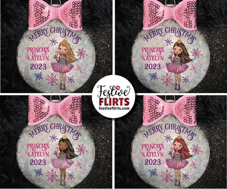 Princess Holiday Ornament Personalized, African American, Blonde, Brunette, Redhead Holiday Handmade Gift for Girls, Christmas Girly Decor image 1