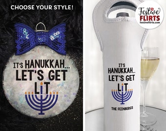 Let's Get Lit Hanukkah Ornament or Insulated Wine Bottle Wine Bag, Hanukkah Menorah Decoration, Funny Chanukah Jewish Holiday Gift