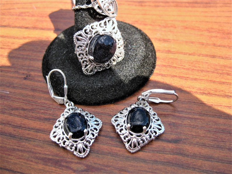 2164. Blue Goldstone Sterling Silver Pendant and Earring Set No