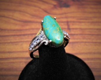 Kingman Turquoise (17x8mm) Marquise Shaped Stone Cabochon Sterling Silver Ring with Tanzanite Gemstones Size 10, Item #1828.