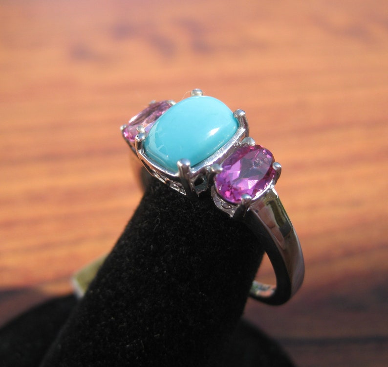 Item #1445 Stone Cabochon Sterling Silver Ring with Pink Mystic Topaz Gemstones /& Platinum Overlay Size 8.5 Turquoise 9x6mm