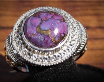 Purple Turquoise (12mm) Stone Cabochon Sterling Silver Ring with Topaz Gemstones & Gold and Platinum Overlay Size 10, Item #1291