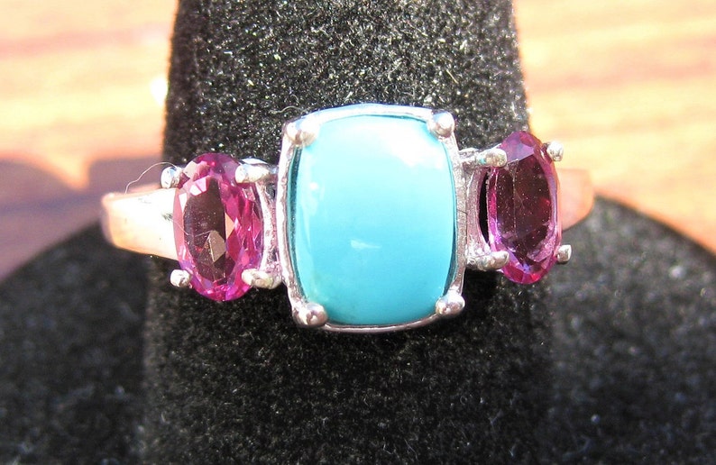 Item #1445 Stone Cabochon Sterling Silver Ring with Pink Mystic Topaz Gemstones /& Platinum Overlay Size 8.5 Turquoise 9x6mm