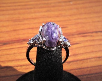 Charoite (14x10mm) Stone Cabochon Sterling Silver Ring with Tanzanite Gemstones & Platinum Overlay Size 11, Item #1815.