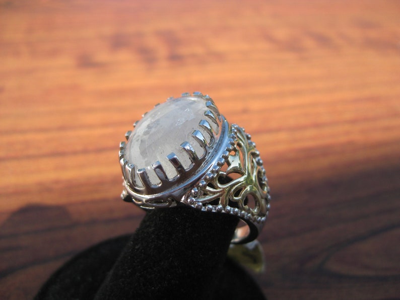 Rainbow Moonstone 18x13mm 14.35ctw Cabochon Sterling Silver Ring with Yellow Gold & Platinum Overlay Size 8 , Item 1253 image 5