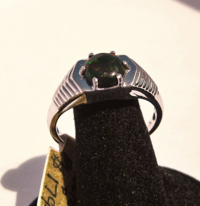 Ethiopian Chalama Black Opal (8mm) Round Cabochon Sterling Silver Ring with Platinum Overlay Size 12.5, No. 1416 bild 3