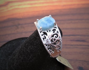 Larimar (10x8mm, 2.42ct) Stone Cabochon with Zircon Gemstones set in a Sterling Silver Ring Size 10, Item #1834