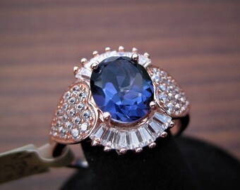 Blue Mystic Topaz (10x8mm) Faceted Gemstone Sterling Silver Ring with CZ Accents & Rose Gold Overlay Size 10.5, Item #1723