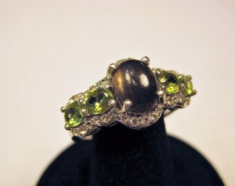Black Feldspar (9x7mm) Stone Cabochon with Faceted Peridot and Topaz Gemstones Sterling Silver Ring Size 10.5, No. 1384
