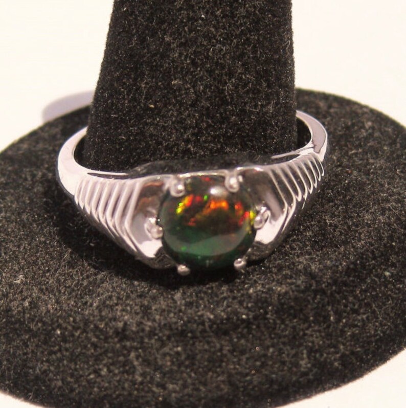 Ethiopian Chalama Black Opal (8mm) Round Cabochon Sterling Silver Ring with Platinum Overlay Size 12.5, No. 1416 bild 1