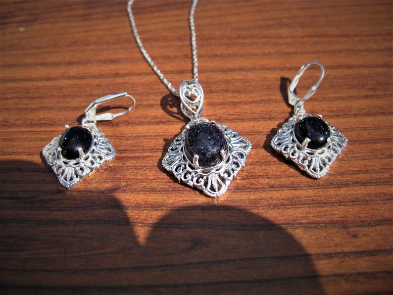 2164. Blue Goldstone Sterling Silver Pendant and Earring Set No