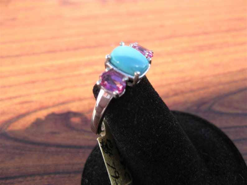 Item #1445 Stone Cabochon Sterling Silver Ring with Pink Mystic Topaz Gemstones /& Platinum Overlay Size 8.5 Turquoise 9x6mm