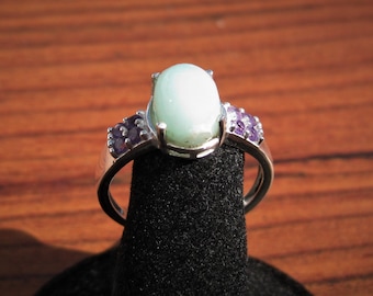 Chrysoprase  (14x10mm) Stone Cabochon Sterling Silver Ring with Amethyst Gemstones Size 10, Item # 1819.