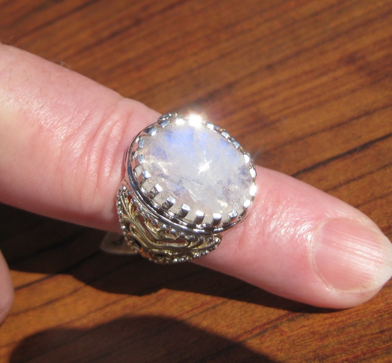 Rainbow Moonstone 18x13mm 14.35ctw Cabochon Sterling Silver Ring with Yellow Gold & Platinum Overlay Size 8 , Item 1253 image 1