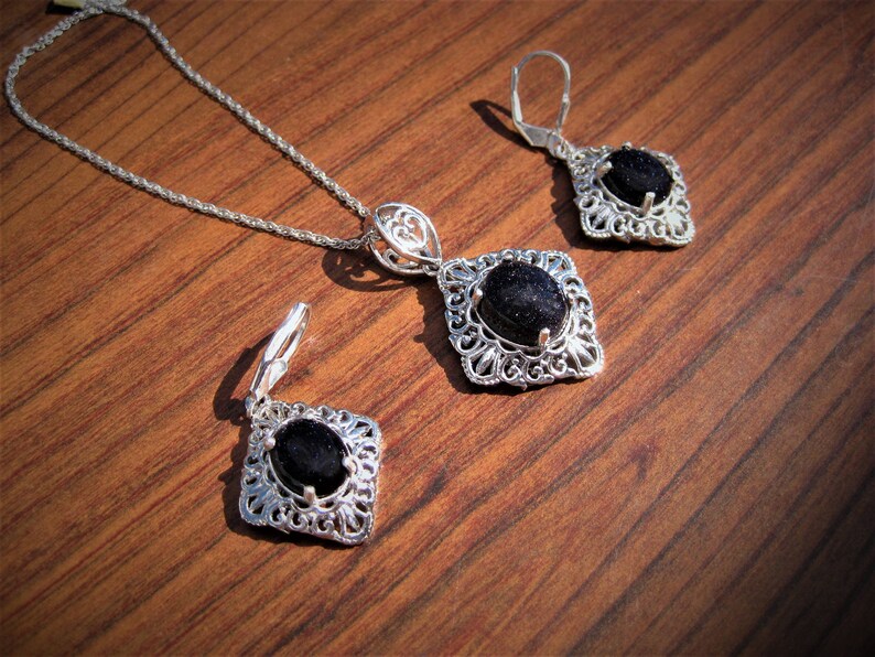 2164. Blue Goldstone Sterling Silver Pendant and Earring Set No