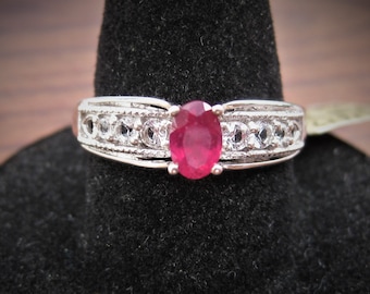 Ruby (6x4mm) Gemstone with Faceted Zircon Gemstones Sterling Silver Ring with Platinum Overlay Size 8, Item #1617