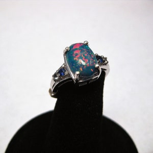 Lab Created Opal & Lab Created Blue Sapphire with White Topaz Accents set in a Sterling Silver Ring with Platinum Overlay, Size 7, No. 1439