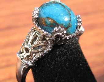 Blue Copper Turquoise (10x8mm) Stone Cabochon Sterling Silver Ring with Yellow Gold Overlay Size 8, Item #1145