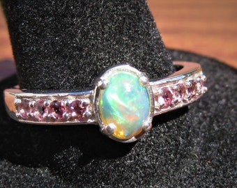 Ethiopian Opal (8x5mm) Cabochon Sterling Silver Ring with Pink Tourmaline Gemstones & Platinum Overlay Size 10 Item #1570