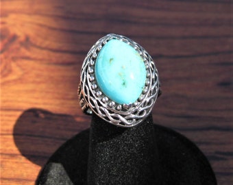 Blue Turquoise (16x11mm) Marquise Stone Cabochon Sterling Silver Ring Size 8, Item #134