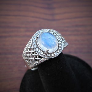 Rainbow Moonstone (10x8mm) Stone Cabochon Sterling Silver Ring with Cubic Zirconia Gemstones & Platinum Overlay Size 10 , Item #172