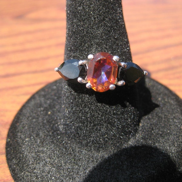 Orange Mystic Quartz (8x6mm) with Black Spinel Gemstones set in a Sterling Silver Ring with Platinum Overlay Size 7.25, No. 1485.