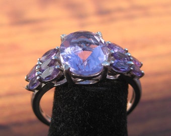 Amethyst (10x8mm) Faceted Gemstone with (5x3mm) Marquise Amethyst Gemstones Sterling Silver Ring with Platinum Overlay Size 8.5, Item #1393