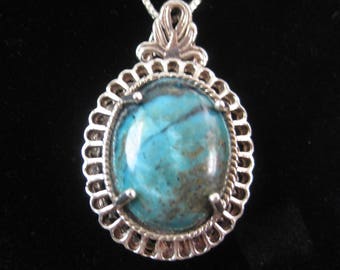 Kingman Turquoise (19x16mm) Cabochon Sterling Silver Pendant (Southwestern Style) with 18" Chain, No. 520b.