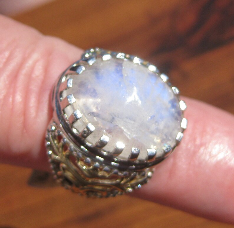 Rainbow Moonstone 18x13mm 14.35ctw Cabochon Sterling Silver Ring with Yellow Gold & Platinum Overlay Size 8 , Item 1253 image 2