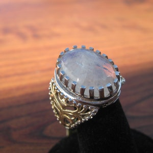 Rainbow Moonstone 18x13mm 14.35ctw Cabochon Sterling Silver Ring with Yellow Gold & Platinum Overlay Size 8 , Item 1253 image 4