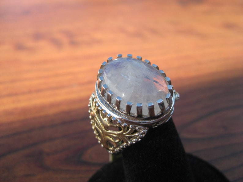 Rainbow Moonstone 18x13mm 14.35ctw Cabochon Sterling Silver Ring with Yellow Gold & Platinum Overlay Size 8 , Item 1253 image 4