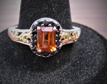 Madeira Citrine (7x5mm) Faceted Gemstone Sterling Silver Ring with Black Spinel Gemstones & Gold and Platinum Overlay Size 10, Item #1556