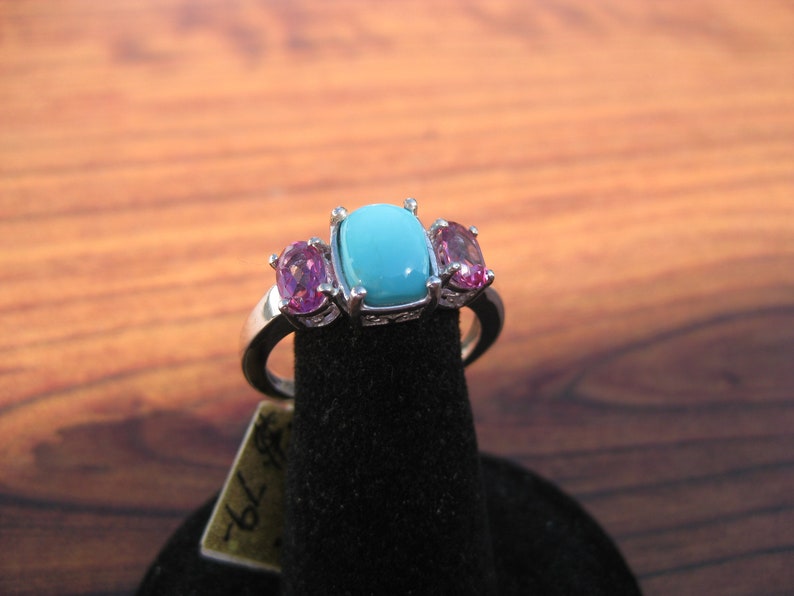 Item #1445 Stone Cabochon Sterling Silver Ring with Pink Mystic Topaz Gemstones /& Platinum Overlay Size 8.5 Turquoise 9x6mm