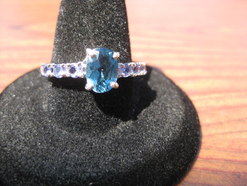 London Blue Topaz 8x6mm and Tanzanite Gemstones set in a Sterling Silver Ring with Platinum Overlay Size 9.25, No. 1496. image 3