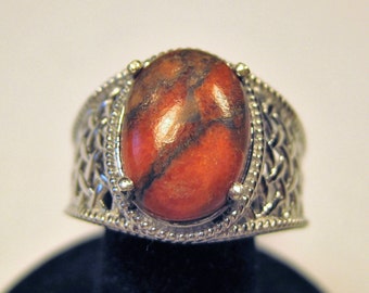 Orange Turquoise with Copper Matrix (14x10mm) Cabochon set in Sterling Silver Ring with Platinum Overlay, Size 8.5, No. 1335.