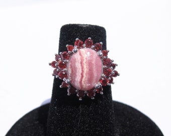 Rhodochrosite (10x8mm) Stone Cabochon with Red Simulated Diamond Accents set in a Sterling Silver Ring Size 5, No. 1443