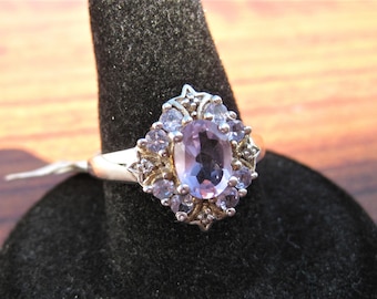 Amethyst (8x6mm) Gemstone set in a Sterling Silver Ring with Tanzanite Gemstones & White Topaz Accents Size 8, Item #29