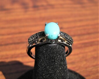 Turquoise (8x6mm) Stone Cabochon Sterling Silver Ring with Black Spinel Gemstones & Yellow Gold and Platinum Overlay Size 8.25, Item #1459