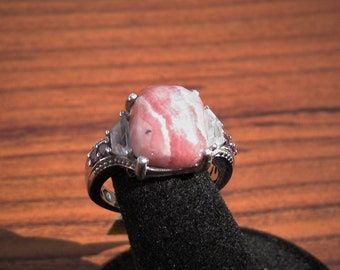 Rhodochrosite (12x10mm) Stone Cabochon Sterling Silver Ring with White Topaz & Purple Garnet Gems and Platinum Overlay Size 7, Item #1822.