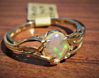 Ethiopian Opal (8x6mm) Cabochon set in a Sterling Silver Ring with Yellow Gold Overlay Size 10, Item #1624