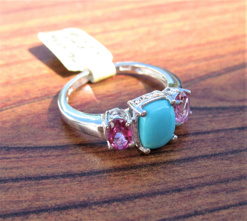 Item #1445 Stone Cabochon Sterling Silver Ring with Pink Mystic Topaz Gemstones /& Platinum Overlay Size 8.5 Turquoise 9x6mm