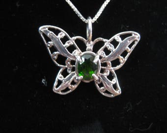 Russian Chrome Diopside (7x5mm) Faceted Gemstone Sterling Silver Butterfly Pendant, Item #301b.