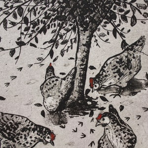 Hen Etching 'Hens Foraging Under A Spindle Tree' Hen Illustration Charlotte Mudd Muddillustration image 3